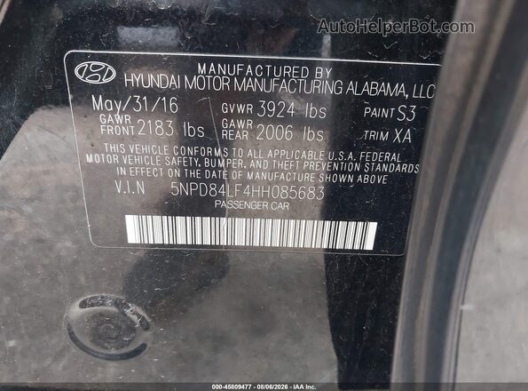5NPD84LF4HH085683 2017 HYUNDAI ELANTRA Black Engine compartment view