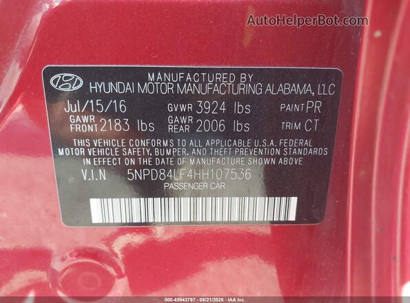 5NPD84LF4HH107536 2017 HYUNDAI ELANTRA Red ძრავის განყოფილების ხედი