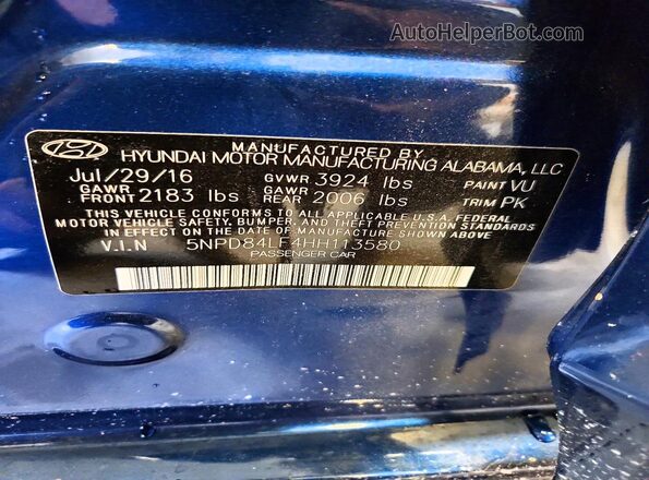 5NPD84LF4HH113580 2017 HYUNDAI ELANTRA Blue ძრავის განყოფილების ხედი
