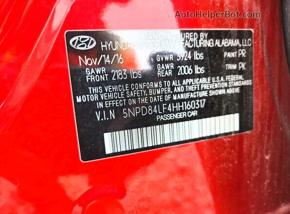 5NPD84LF4HH160317 2017 HYUNDAI ELANTRA Red ძრავის განყოფილების ხედი