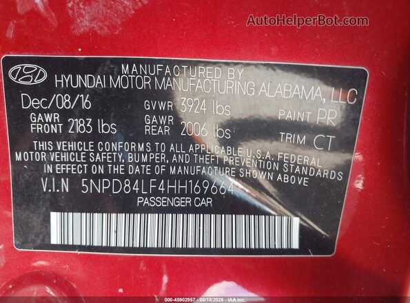 5NPD84LF4HH169664 2017 HYUNDAI ELANTRA Red Widok komory silnika