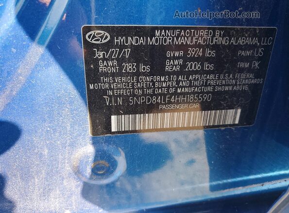 5NPD84LF4HH185590 2017 HYUNDAI ELANTRA Blue ძრავის განყოფილების ხედი