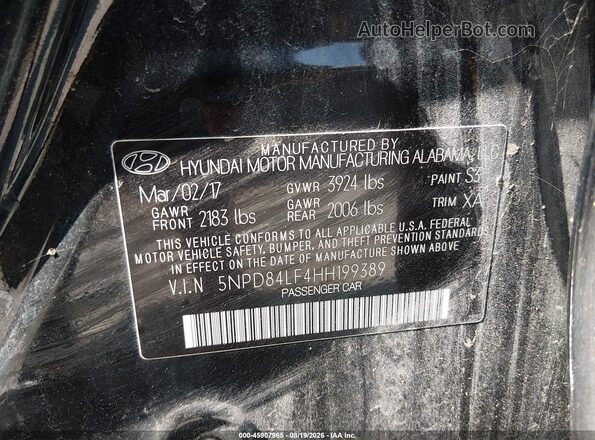 5NPD84LF4HH199389 2017 HYUNDAI ELANTRA Черный Вид подкапотного пространства