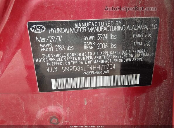 5NPD84LF4HH211704 2017 HYUNDAI ELANTRA Red Engine compartment view