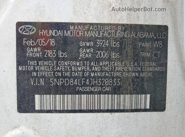 5NPD84LF4JH320833 2018 HYUNDAI ELANTRA Белый Вид наклейки с VIN-кодом