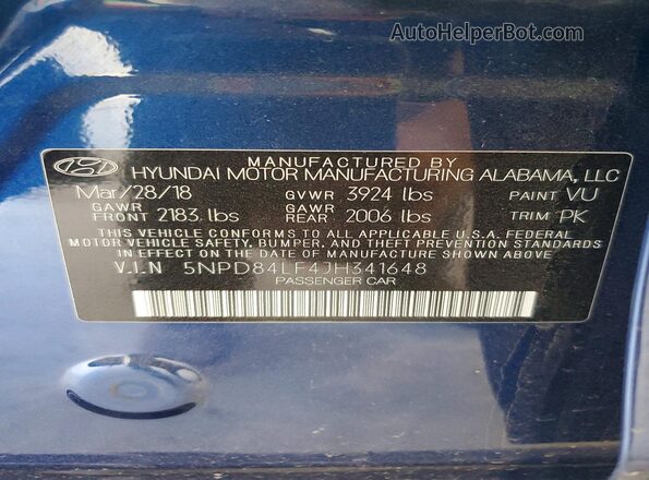 5NPD84LF4JH341648 2018 HYUNDAI ELANTRA Blue ძრავის განყოფილების ხედი
