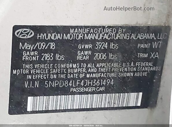 5NPD84LF4JH361494 2018 HYUNDAI ELANTRA Бежевый Вид подкапотного пространства