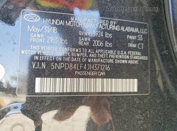 5NPD84LF4JH371216 2018 HYUNDAI ELANTRA Black Vista del compartimento del motor