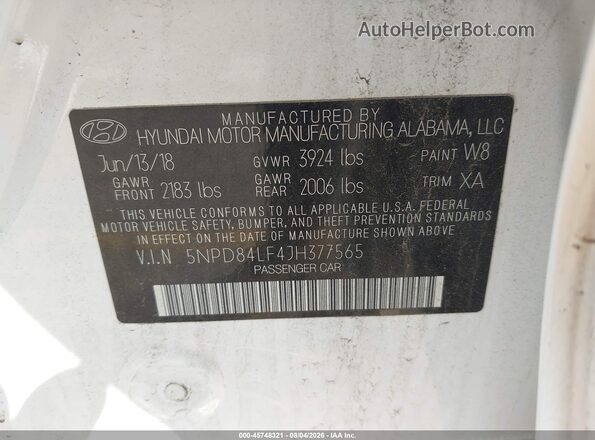 5NPD84LF4JH377565 2018 HYUNDAI ELANTRA White ძრავის განყოფილების ხედი