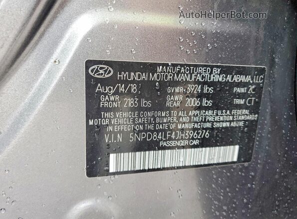 5NPD84LF4JH396276 2018 HYUNDAI ELANTRA Gray Widok naklejki z numerem VIN