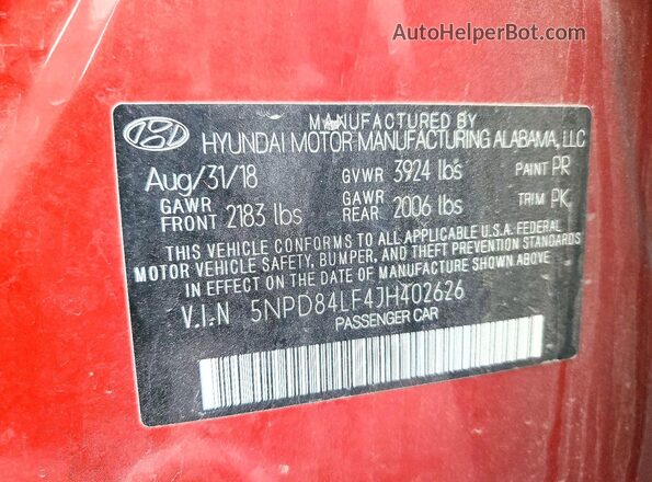 5NPD84LF4JH402626 2018 HYUNDAI ELANTRA Red 