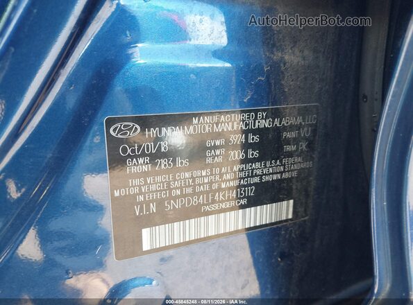 5NPD84LF4KH413112 2019 HYUNDAI ELANTRA Blue Engine compartment view