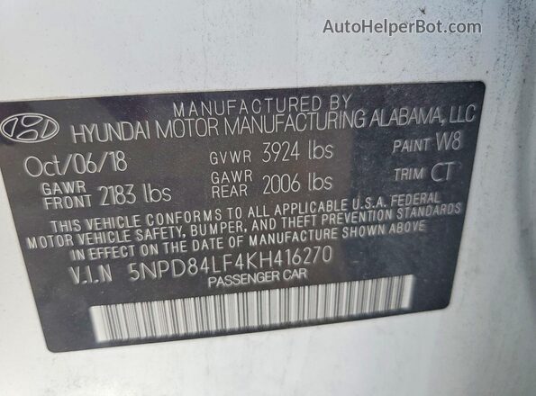 5NPD84LF4KH416270 2019 HYUNDAI ELANTRA Белый Вид наклейки с VIN-кодом