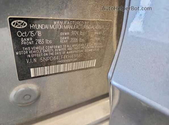 5NPD84LF4KH419587 2019 HYUNDAI ELANTRA Серый Вид подкапотного пространства