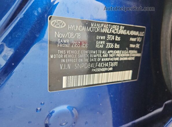 5NPD84LF4KH431691 2019 HYUNDAI ELANTRA Blue Widok komory silnika
