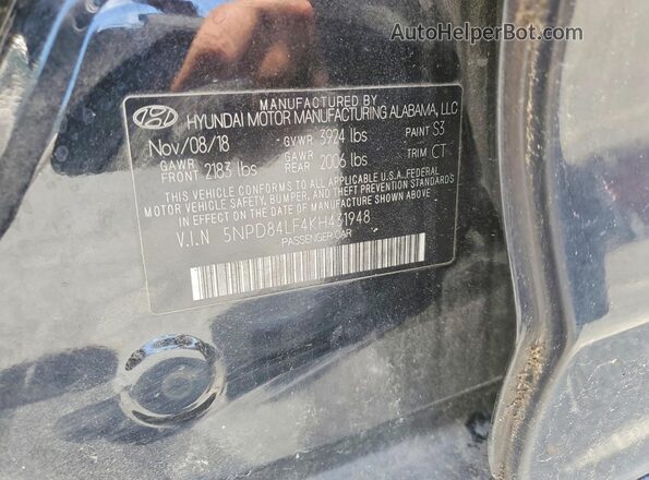 5NPD84LF4KH431948 2019 HYUNDAI ELANTRA Black ძრავის განყოფილების ხედი
