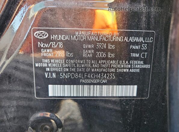 5NPD84LF4KH434235 2019 HYUNDAI ELANTRA Black Widok naklejki z numerem VIN