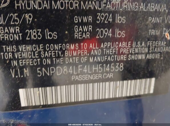 5NPD84LF4LH514538 2020 HYUNDAI ELANTRA Синий Вид подкапотного пространства