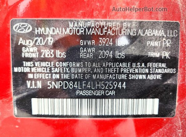 5NPD84LF4LH525944 2020 HYUNDAI ELANTRA Red VIN კოდის სტიკერის ხედი