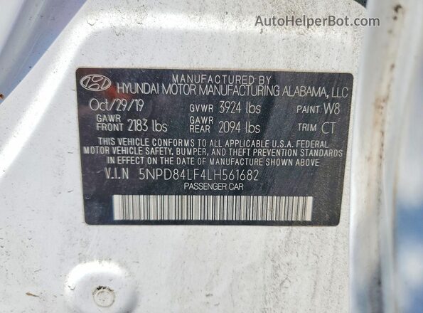 5NPD84LF4LH561682 2020 HYUNDAI ELANTRA White Widok komory silnika