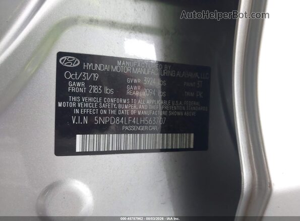 5NPD84LF4LH563707 2020 HYUNDAI ELANTRA Gray ძრავის განყოფილების ხედი
