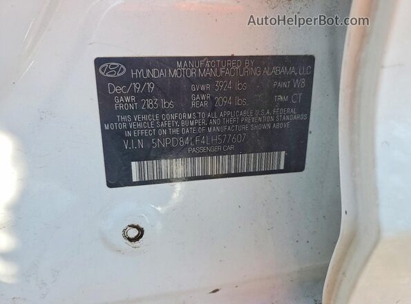 5NPD84LF4LH577607 2020 HYUNDAI ELANTRA White VIN კოდის სტიკერის ხედი