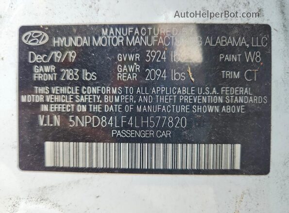 5NPD84LF4LH577820 2020 HYUNDAI ELANTRA White VIN կոդի պիտակի տեսք