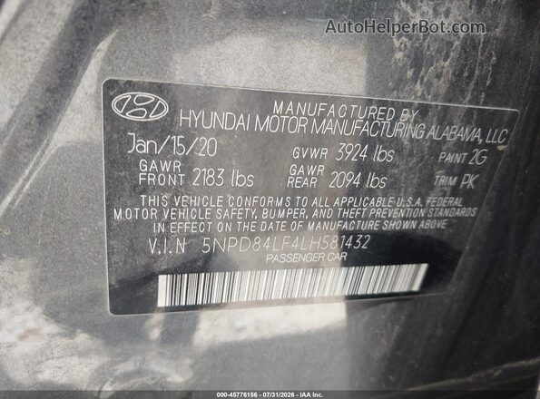 5NPD84LF4LH581432 2020 HYUNDAI ELANTRA Gray Vista del compartimento del motor