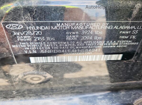 5NPD84LF4LH584041 2020 HYUNDAI ELANTRA Black Շարժիչի բաժամունքի տեսք