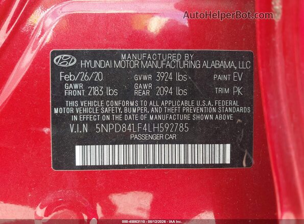 5NPD84LF4LH592785 2020 HYUNDAI ELANTRA Red Widok komory silnika