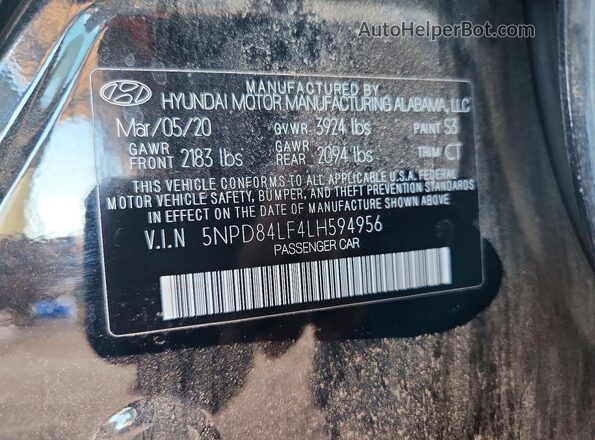 5NPD84LF4LH594956 2020 HYUNDAI ELANTRA Черный Вид наклейки с VIN-кодом