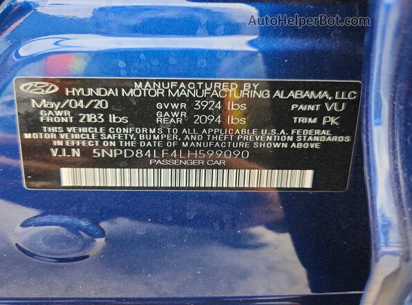 5NPD84LF4LH599090 2020 HYUNDAI ELANTRA Синий Вид наклейки с VIN-кодом