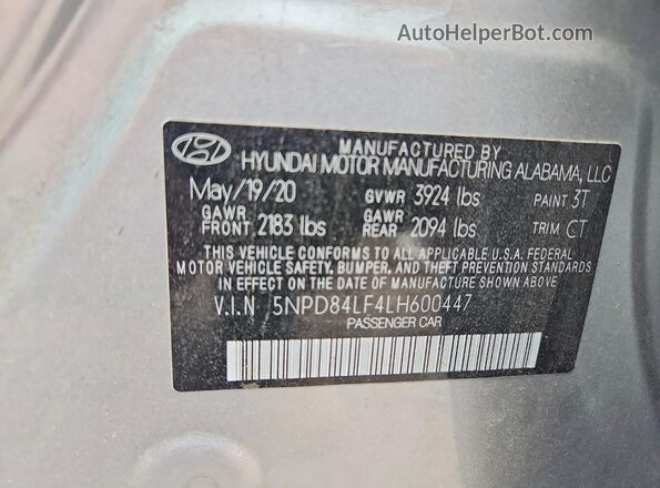 5NPD84LF4LH600447 2020 HYUNDAI ELANTRA Gray VIN կոդի պիտակի տեսք
