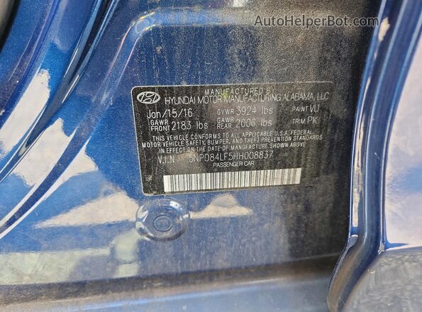 5NPD84LF5HH008837 2017 HYUNDAI ELANTRA Blue Engine compartment view