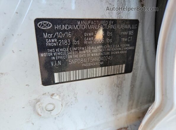 5NPD84LF5HH040249 2017 HYUNDAI ELANTRA White Widok naklejki z numerem VIN