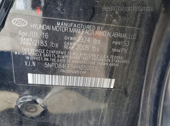 5NPD84LF5HH050019 2017 HYUNDAI ELANTRA Black Vista de la etiqueta del VIN