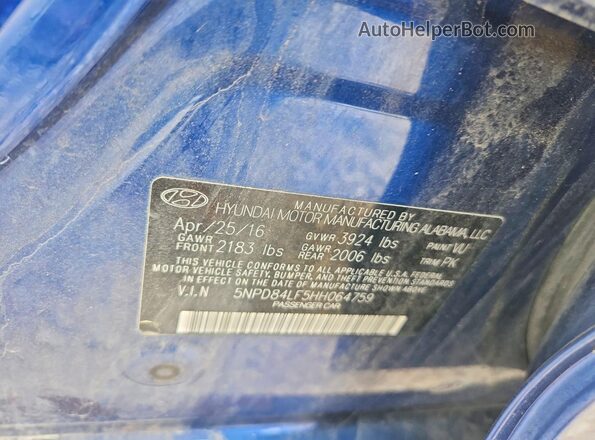 5NPD84LF5HH064759 2017 HYUNDAI ELANTRA Blue ძრავის განყოფილების ხედი
