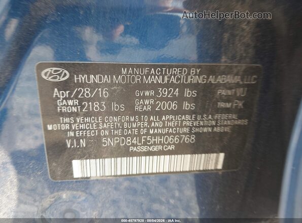 5NPD84LF5HH066768 2017 HYUNDAI ELANTRA Blue Engine compartment view