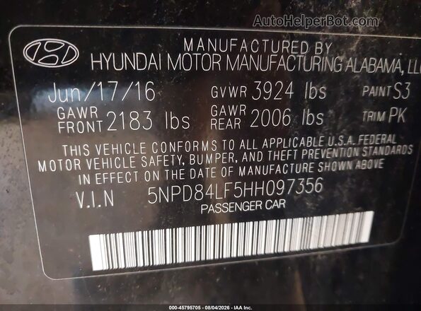 5NPD84LF5HH097356 2017 HYUNDAI ELANTRA Black ძრავის განყოფილების ხედი