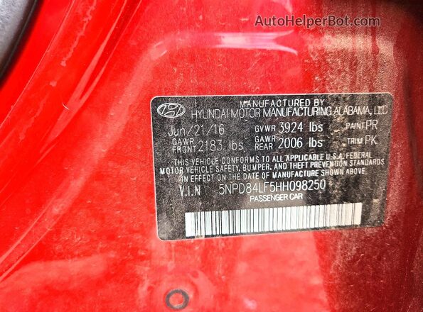 5NPD84LF5HH098250 2017 HYUNDAI ELANTRA Red VIN კოდის სტიკერის ხედი