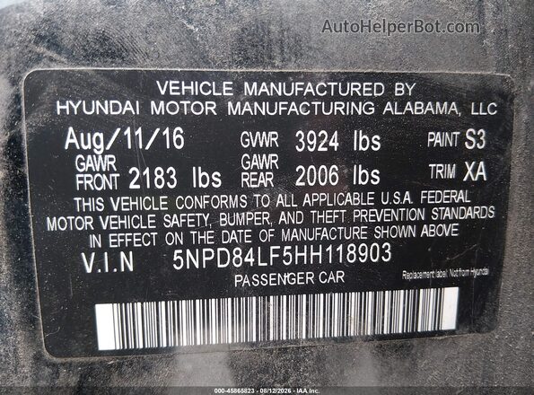 5NPD84LF5HH118903 2017 HYUNDAI ELANTRA Black Вид підкапотного простору