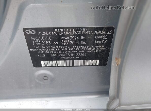 5NPD84LF5HH122269 2017 HYUNDAI ELANTRA Silver Շարժիչի բաժամունքի տեսք