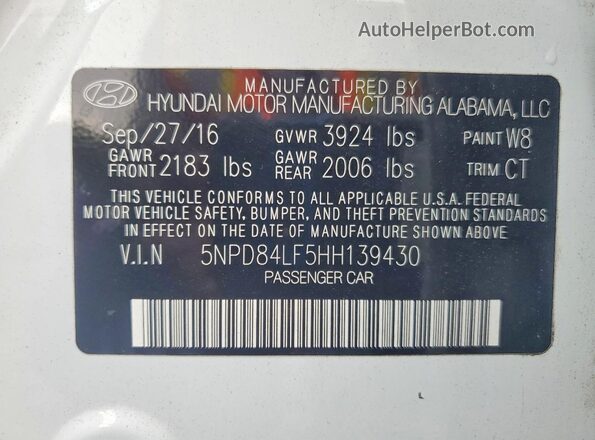5NPD84LF5HH139430 2017 HYUNDAI ELANTRA White Widok komory silnika