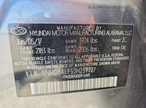 5NPD84LF5JH239727 2018 HYUNDAI ELANTRA Gray VIN կոդի պիտակի տեսք