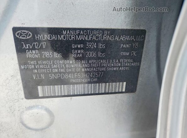 5NPD84LF5JH242577 2018 HYUNDAI ELANTRA Silver Widok naklejki z numerem VIN