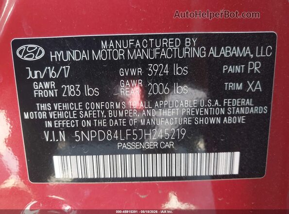 5NPD84LF5JH245219 2018 HYUNDAI ELANTRA Red ძრავის განყოფილების ხედი