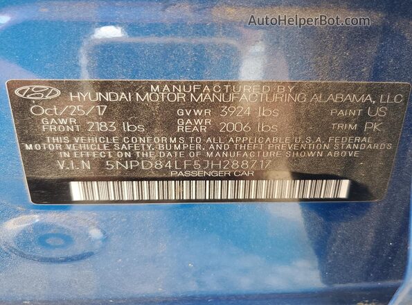 5NPD84LF5JH288717 2018 HYUNDAI ELANTRA Blue Вид підкапотного простору