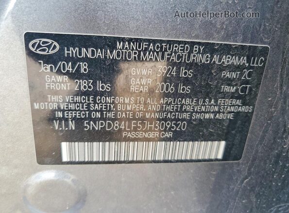 5NPD84LF5JH309520 2018 HYUNDAI ELANTRA Gray Widok naklejki z numerem VIN