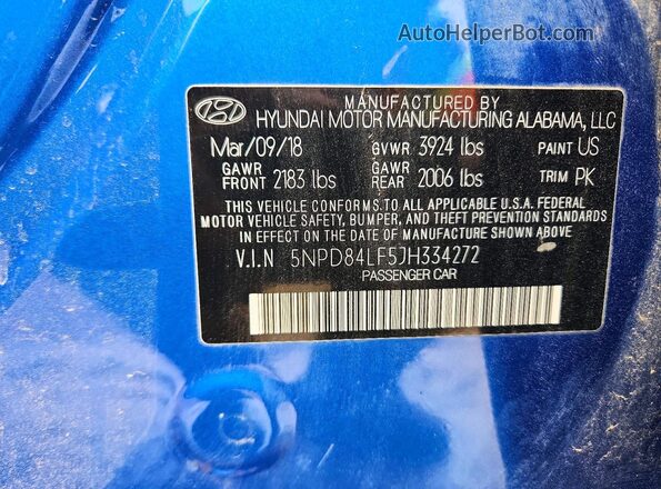 5NPD84LF5JH334272 2018 HYUNDAI ELANTRA Blue Widok komory silnika