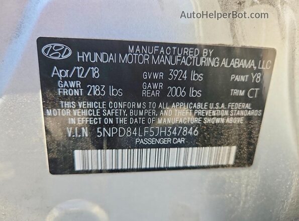 5NPD84LF5JH347846 2018 HYUNDAI ELANTRA Silver Widok naklejki z numerem VIN